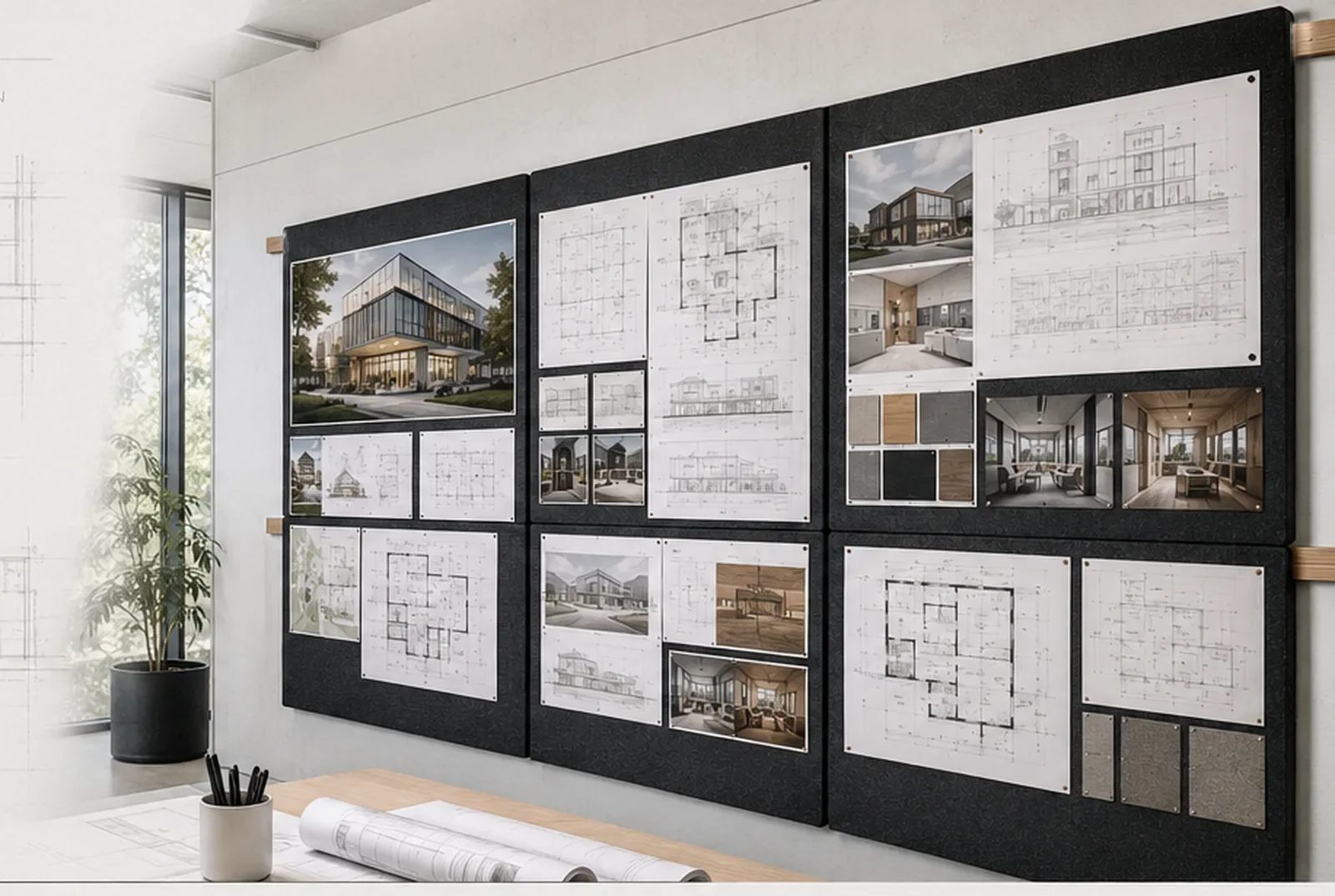 A run of borderless charcoal pin-up boards across a design studio wall, holding architectural plans, elevations, renderings and material references, hung on timber rails that run the length of the wall just below the top edge of each board